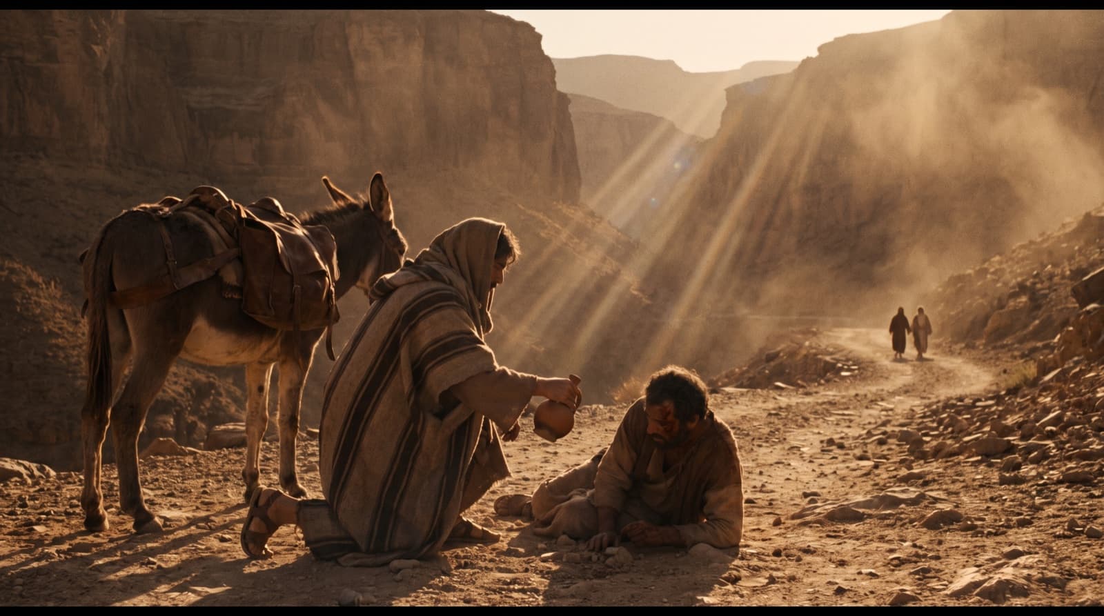 The Good Samaritan kneeling on the road from Jerusalem to Jericho to tend a beaten traveler, his donkey beside him