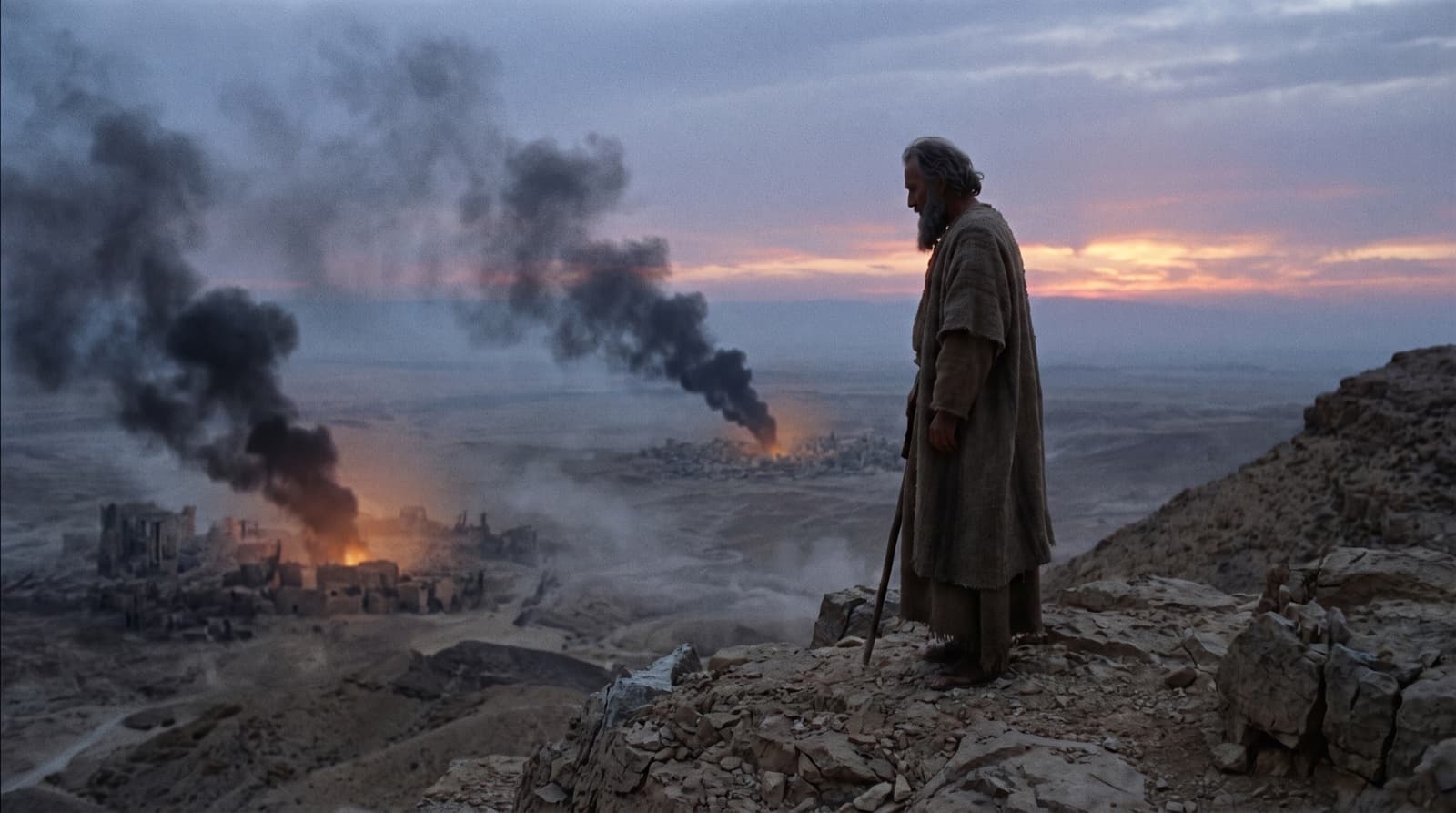 Abraham standing on a high desert ridge at dawn, looking down at smoke rising from the ruined cities of Sodom and Gomorrah in the valley below