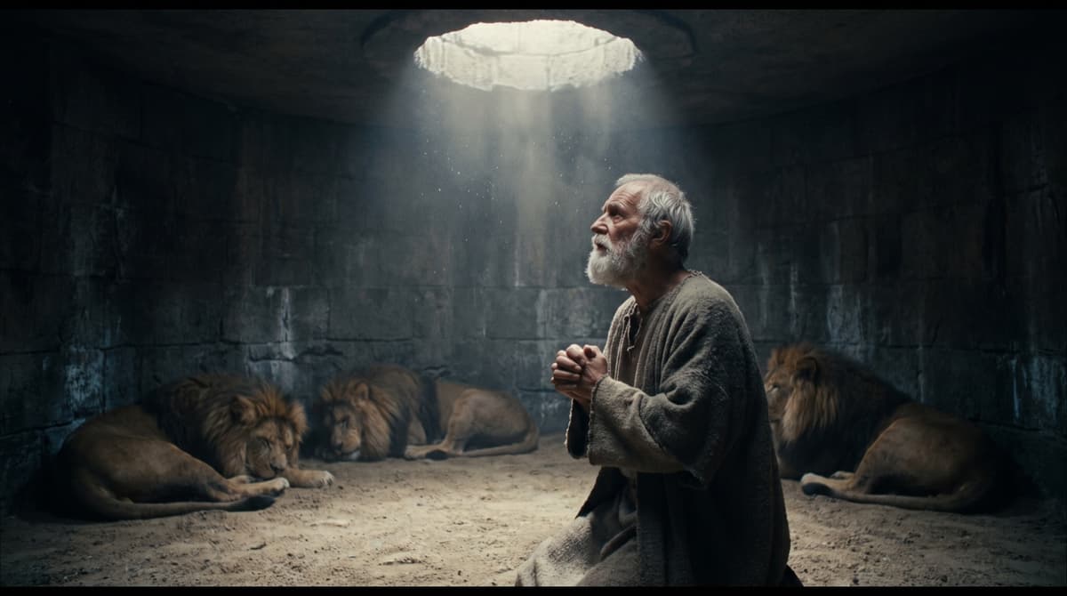 Daniel kneeling in prayer in the lions' den as light falls from an opening above, the lions resting calmly around him