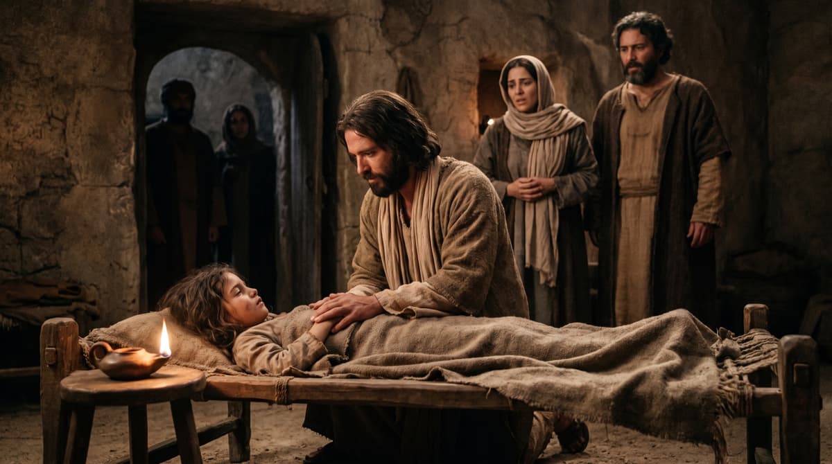 Jesus kneeling at the bedside of Jairus's twelve-year-old daughter, taking her hand as she wakes, her parents watching by lamplight