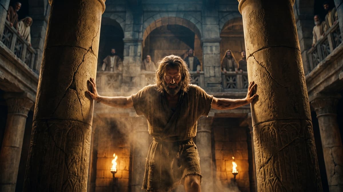Samson braced against the two pillars of the temple of Dagon as the Philistine crowd watches from the galleries above