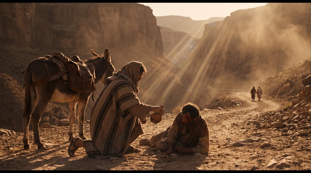 The Good Samaritan kneeling on the road from Jerusalem to Jericho to tend a beaten traveler, his donkey beside him