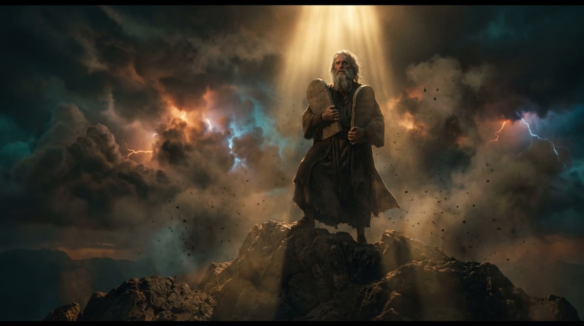 Moses holding the two stone tablets on the summit of Mount Sinai as storm clouds and lightning break over the peak