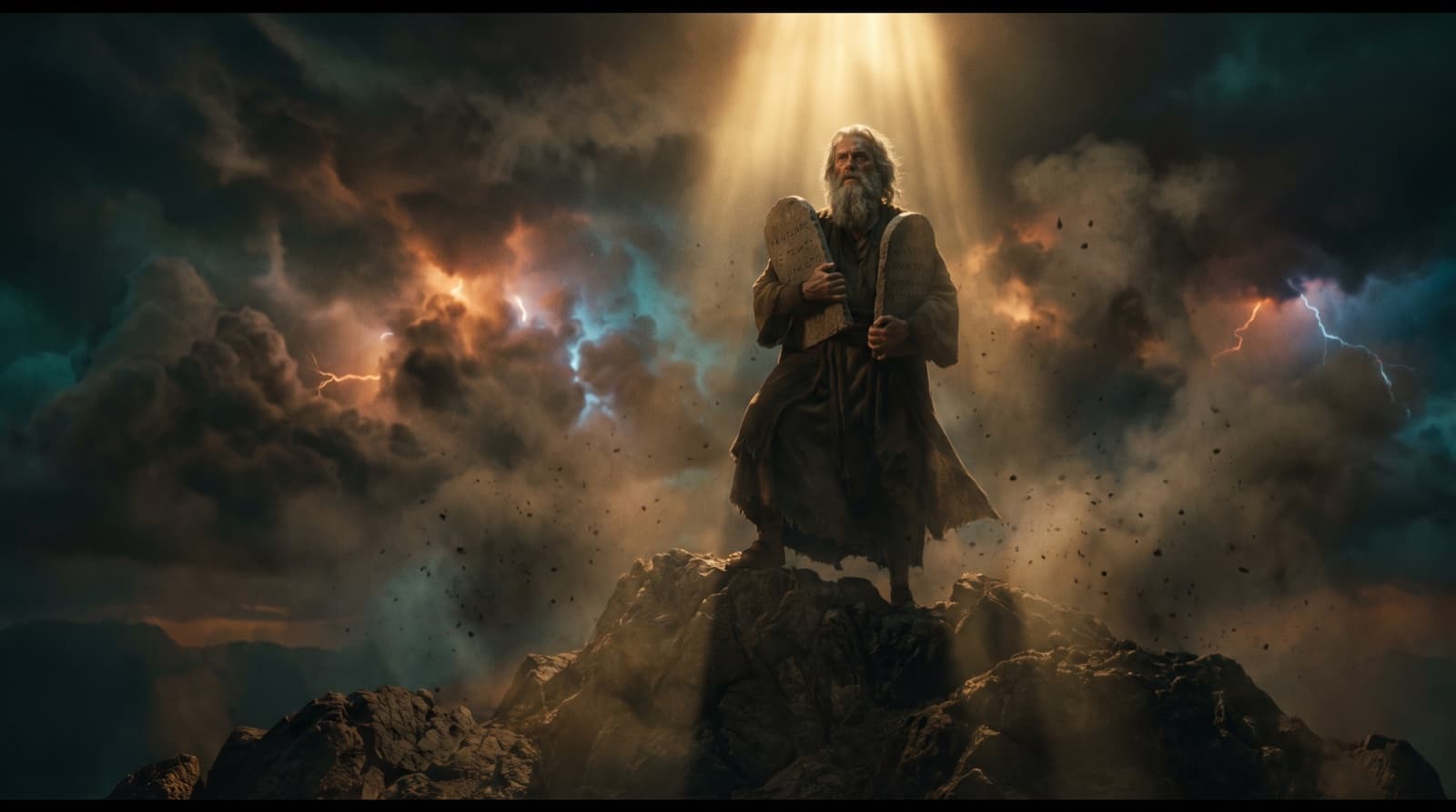 Moses holding the two stone tablets on the summit of Mount Sinai as storm clouds and lightning break over the peak