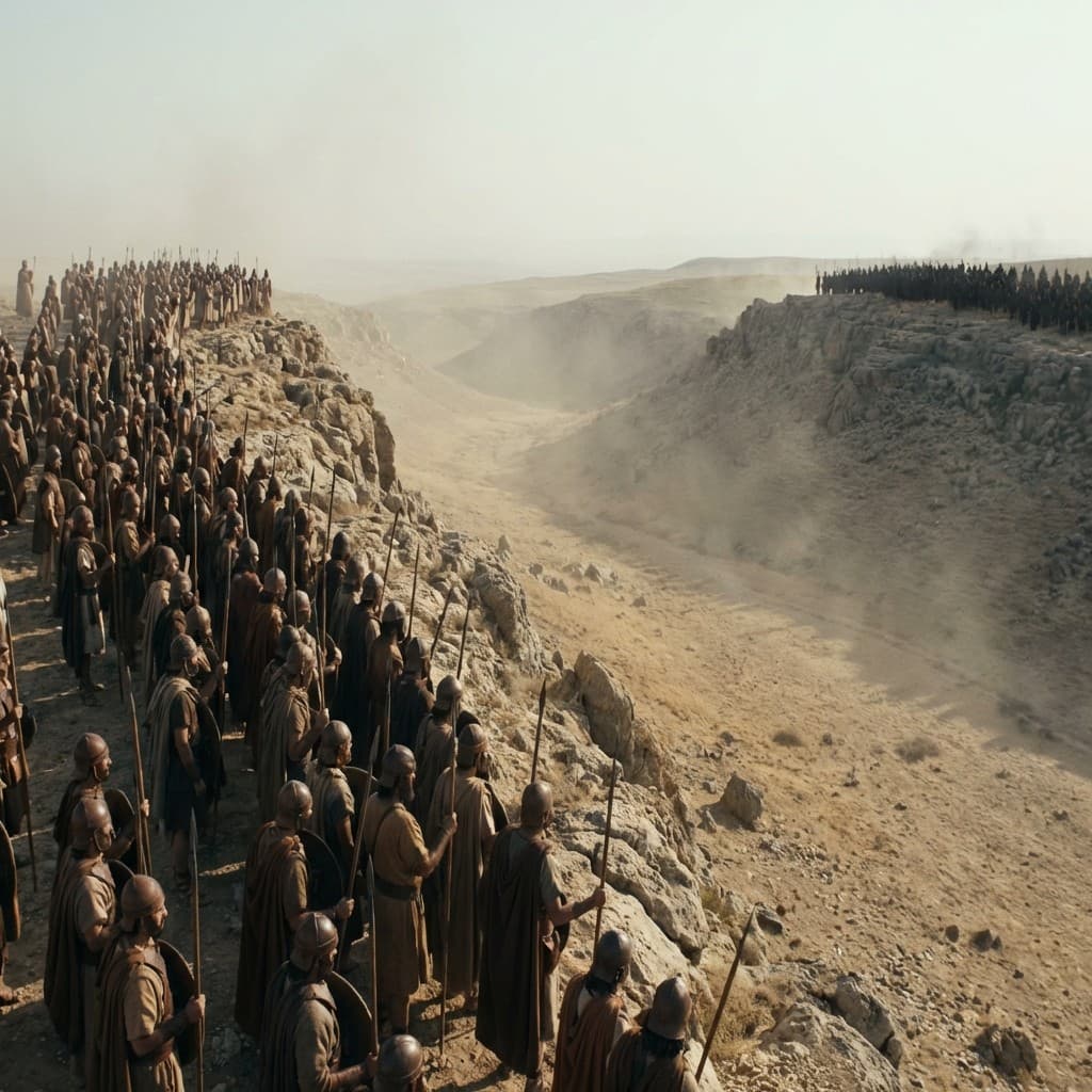 Cinematic shot of a young shepherd standing in a dry valley facing a distant armored figure