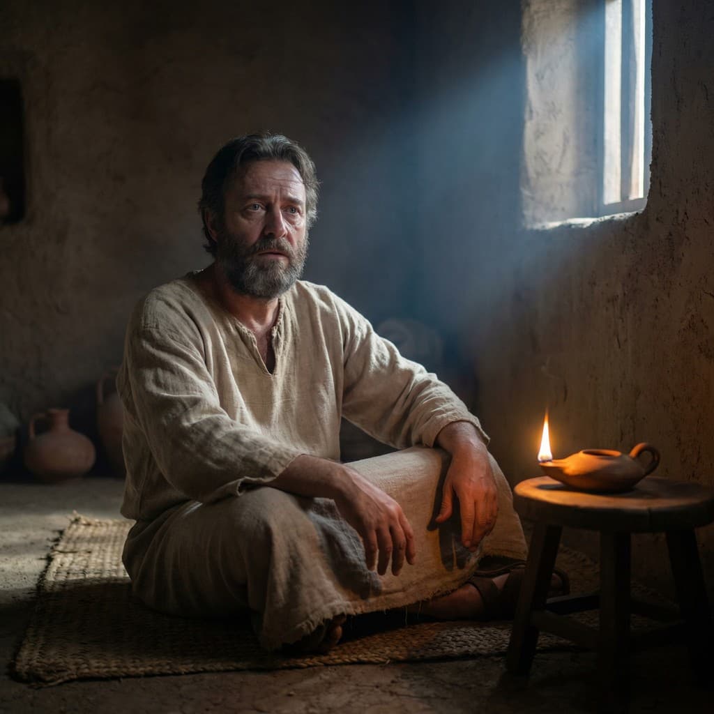 Cinematic shot of a lone bearded man sitting under a withered plant on a dusty hilltop overlooking a vast ancient city