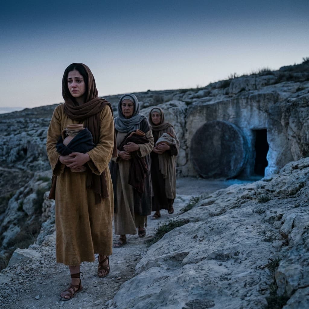 Cinematic shot of an empty rock-cut tomb at dawn with the heavy stone rolled aside